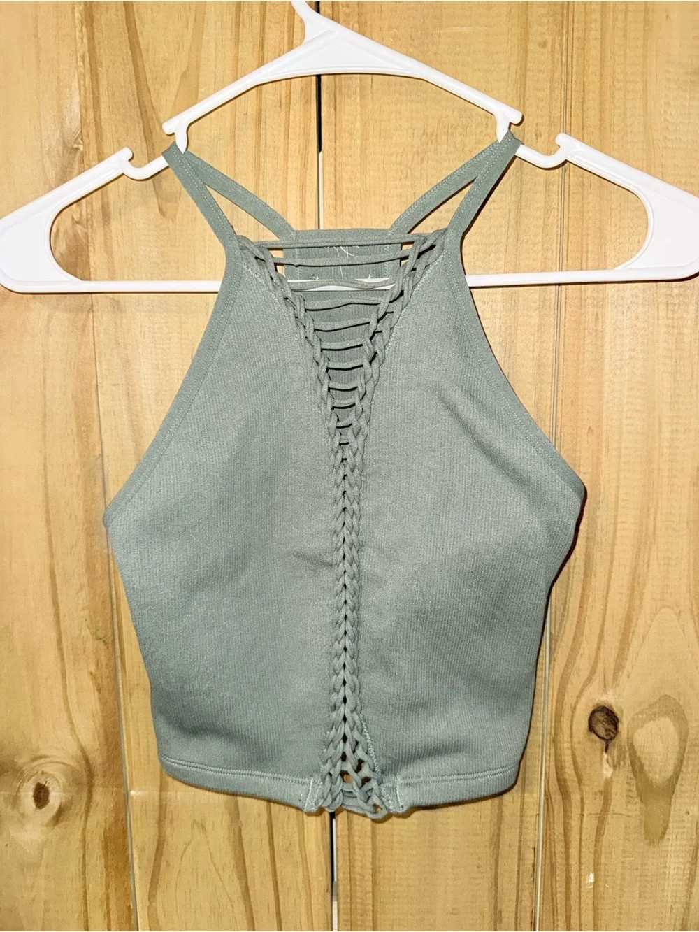 Fabletics Sage Green Lace-Front Cropped Sports Bra